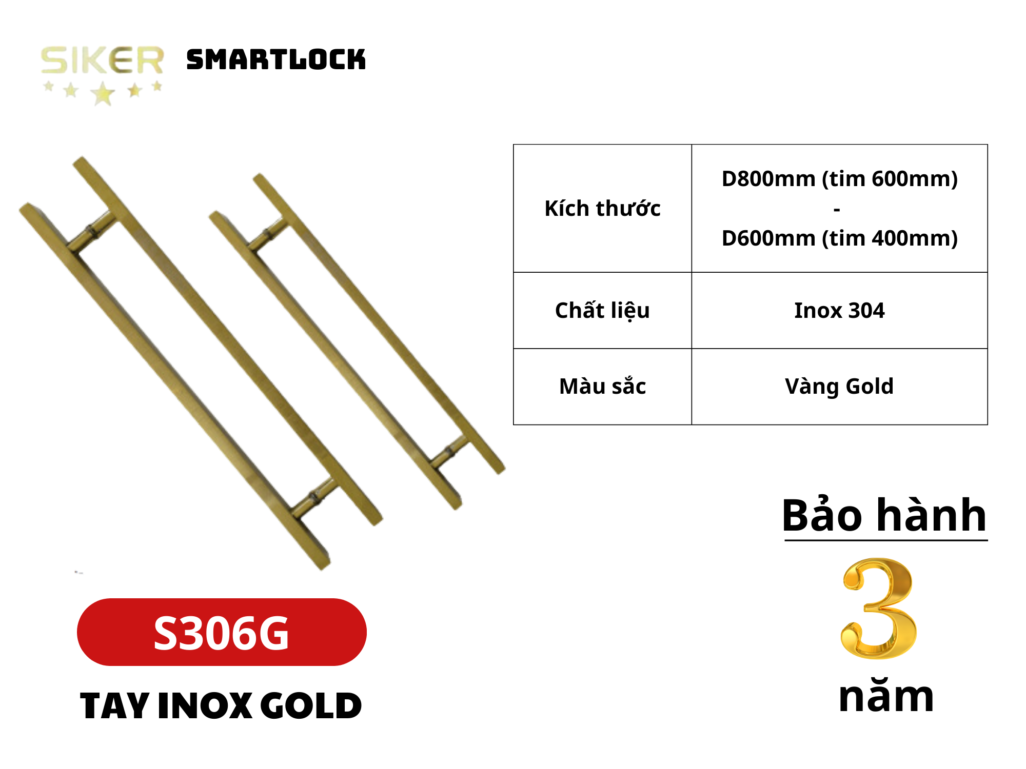 Tay nắm inox 304 màu vàng Siker S306G