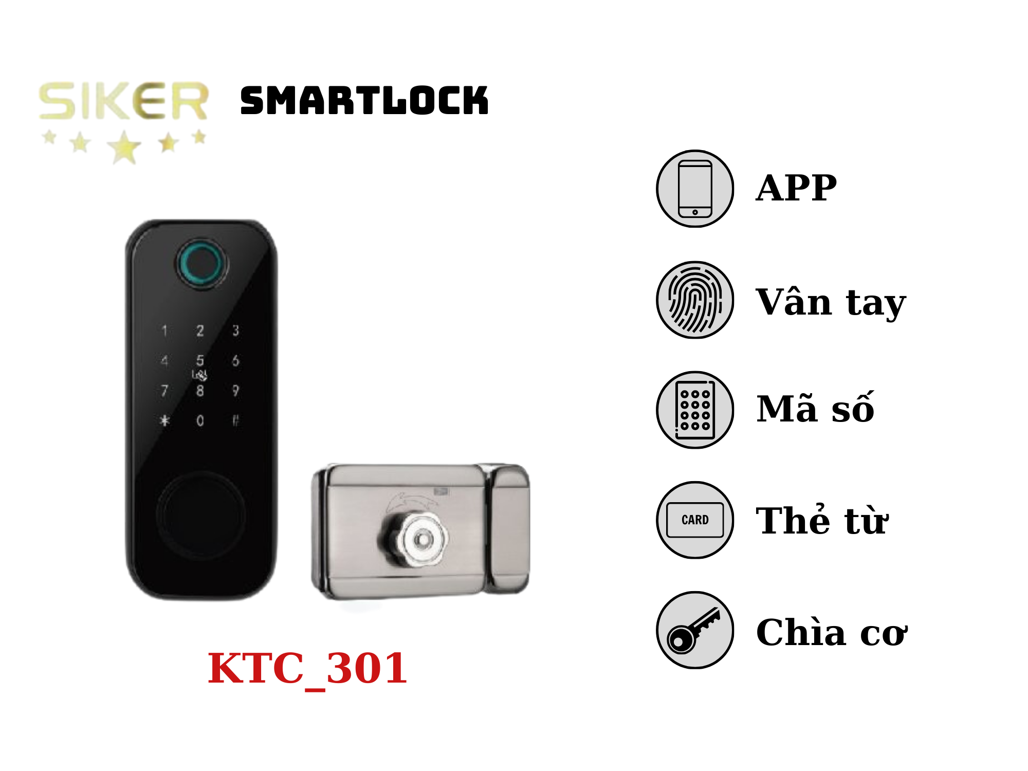 Khóa điện tử chính hãng Siker KTC301 lắp cửa cổng vân tay 1 mặt