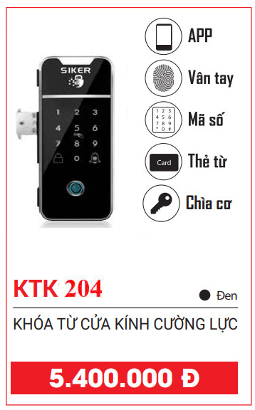 Khóa vân tay cửa kính cường lực Siker KTK204 cao cấp