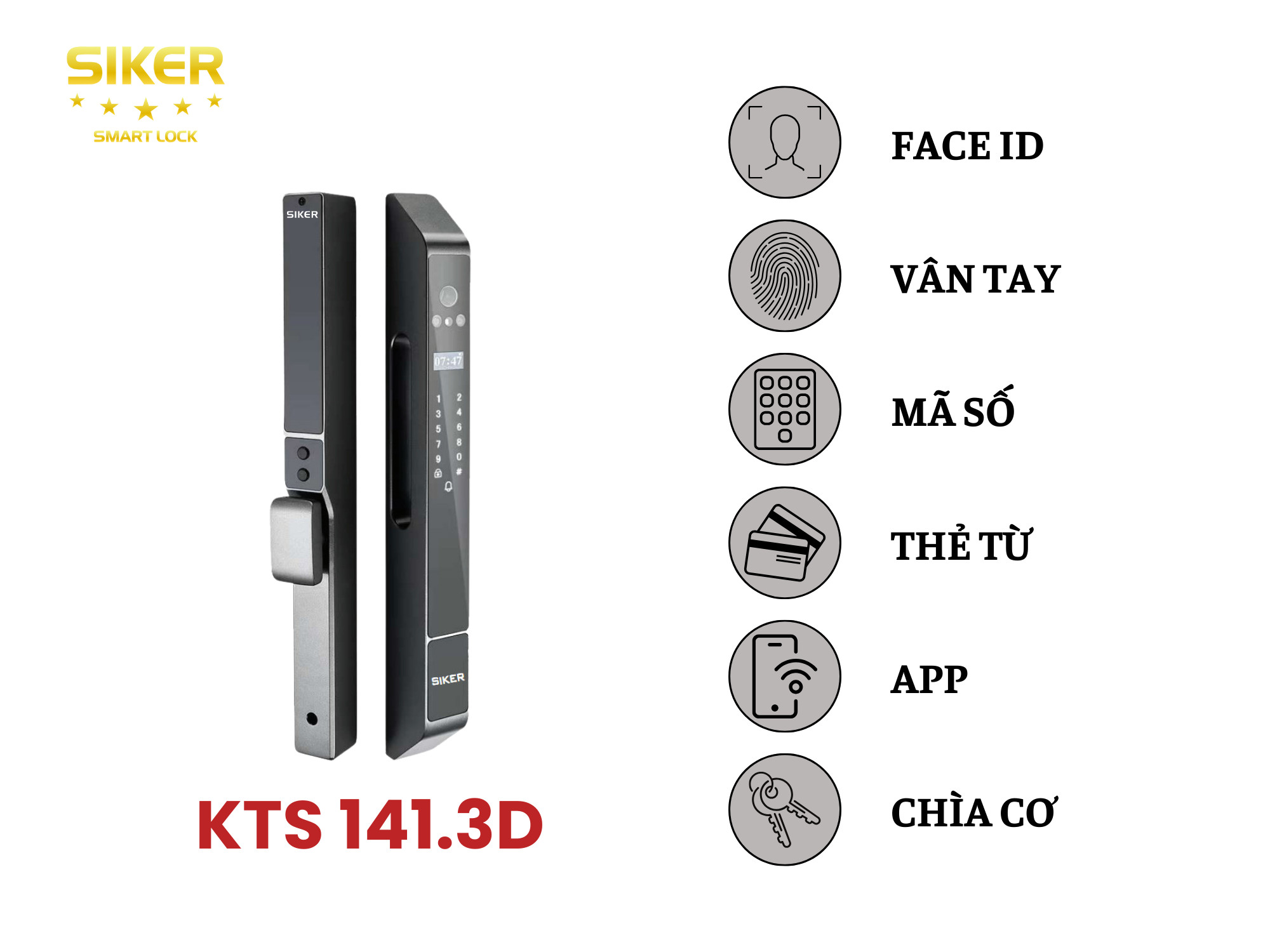 Khóa nhận diện khuôn mặt lắp cửa nhôm Siker KTS141.3D cao cấp